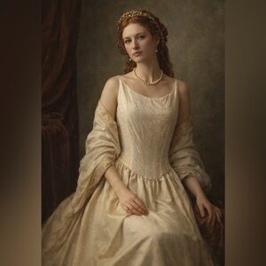 Jessica McClintok Gunne Sax Elegant Corset Scrollwork Bodice Green & Cream Gown